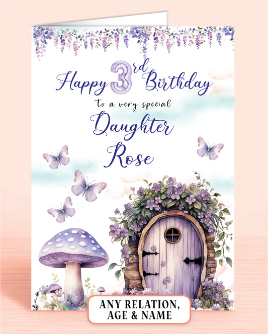 Daughter Birthday Card, 3rd Birthday Card, for Daughter, Purple Fairies, Fairy Door. Any Age, Any Relation, add a Name to Personalise! by Oliver Rose Designs