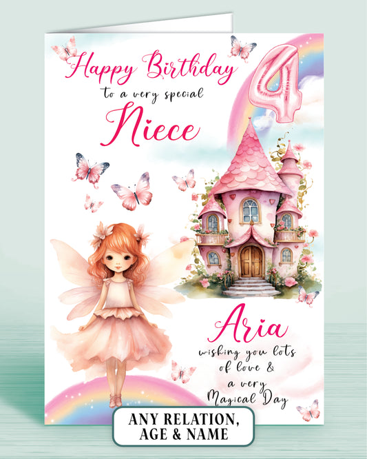 Niece 4th Birthday Card, Fairies, Fairy House, Fairy Door, Personalised with Name, Happy Birthday to a very special Sister, wishing you lots of love & a very magical day, Pink & Rainbows, RED HAIR [GIRL C] | Oliver Rose Designs