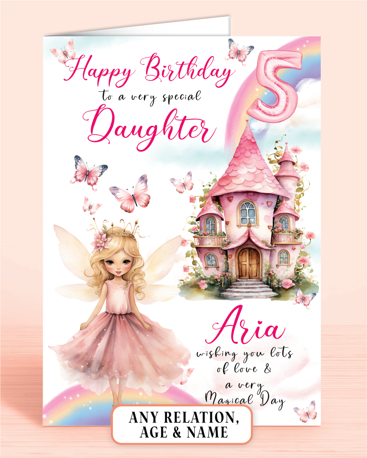 Daughter 5th Birthday Card, Blonde Hair Fairies, Fairy House, Fairy Door, Personalised with Name, Happy Birthday to a very special Goddaughter, wishing you lots of love & a very magical day, Pink & Rainbows | Oliver Rose Designs