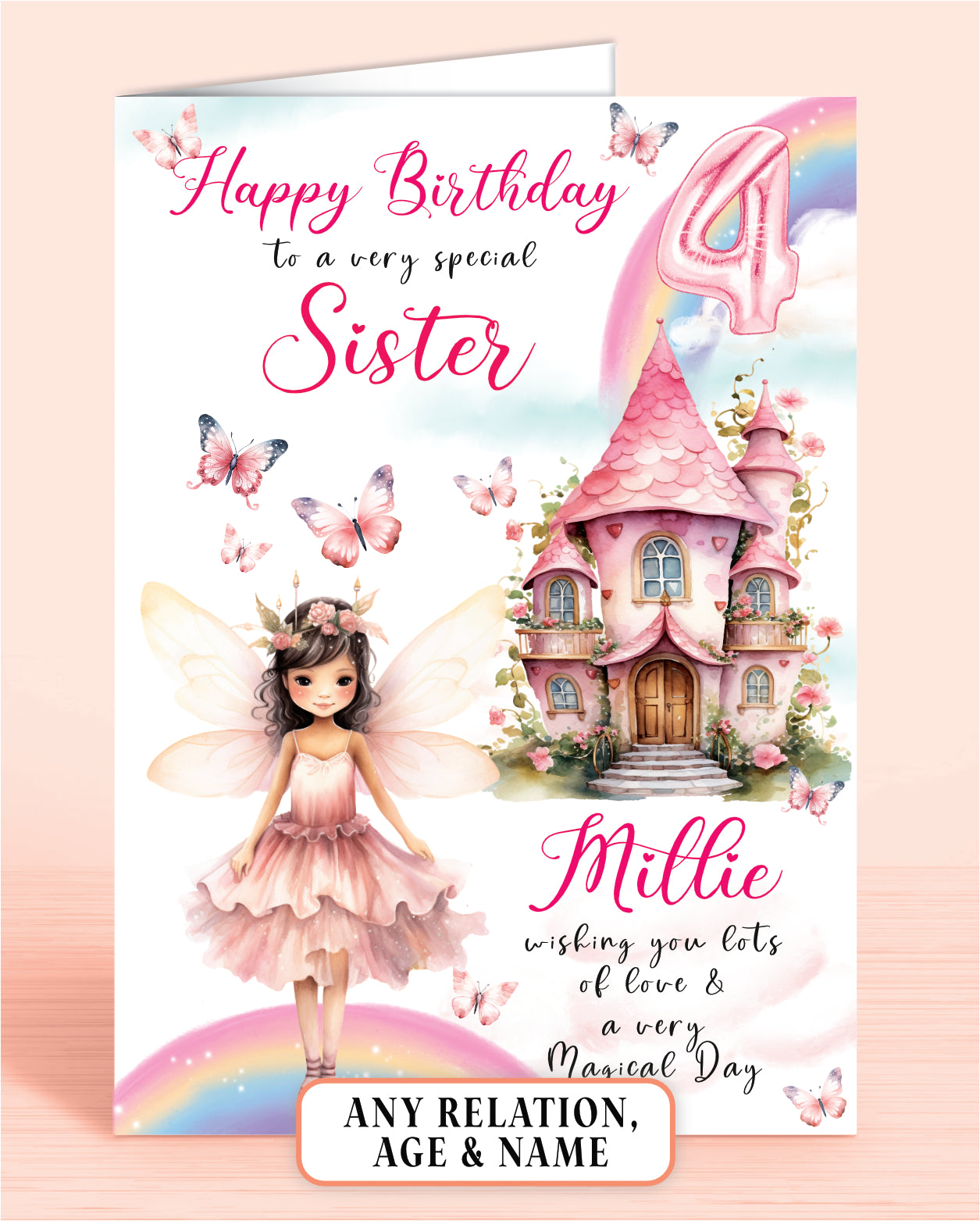 Sister 4th Birthday Card, Fairies, Fairy House, Fairy Door, Personalised with Name, Happy Birthday to a very special Daughter, BROWN HAIR [GIRL B] | Oliver Rose Designs