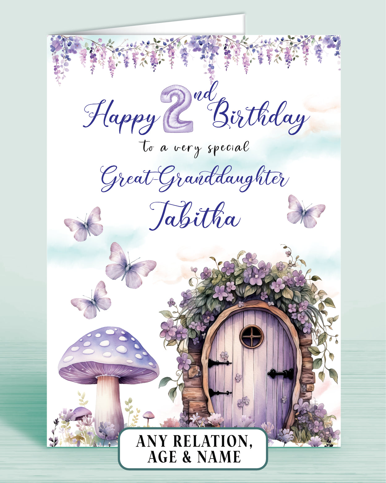 Great-Granddaughter Birthday Card, 7th Birthday Card, for Great-Granddaughter, Purple Fairies, Fairy Door. Any Age, Any Relation, add a Name to Personalise! by Oliver Rose Designs