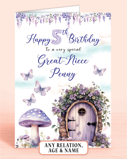 Great-Niece Birthday Card, 3rd Birthday Card, for Great-Niece, Purple Fairies, Fairy Door. Any Age, Any Relation, add a Name to Personalise! by Oliver Rose Designs