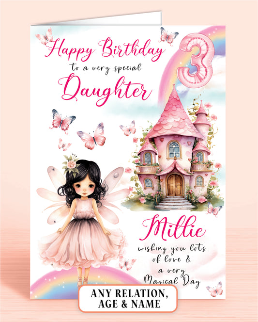 Daughter 3rd Birthday Card (any age, any relation) Personalised with name, BLACK HAIR [GIRL D] | Oliver Rose Designs