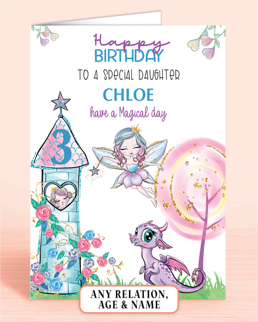 Daughter Birthday Card, 3rd Birthday Card, for Daughter, Fairies Design, Fairy Dragon. Any Age, Any Relation, add a Name to Personalise! by Oliver Rose Designs