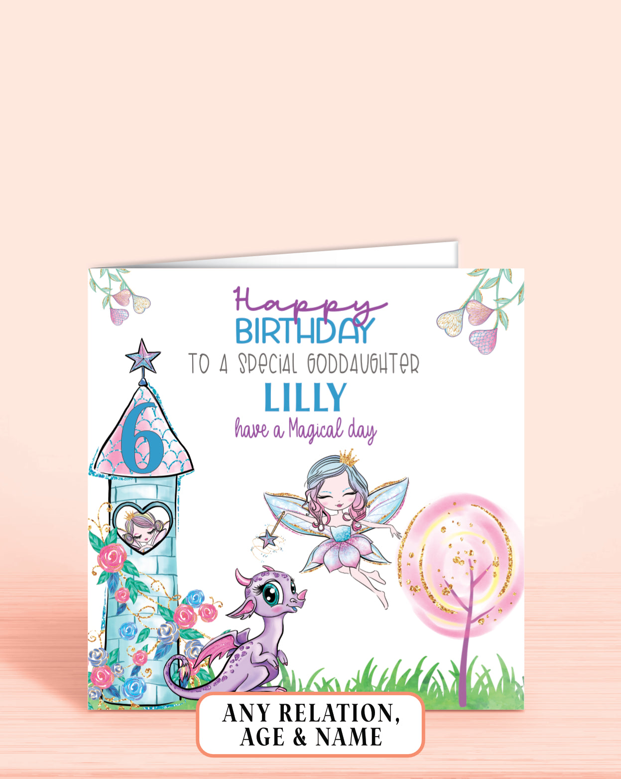 Goddaughter birthday card, 6th Birthday Card, Fairies, Dragons, Magical Tower, Whimsical, Any Age, Any Relation & Add a Name | Oliver Rose Designs