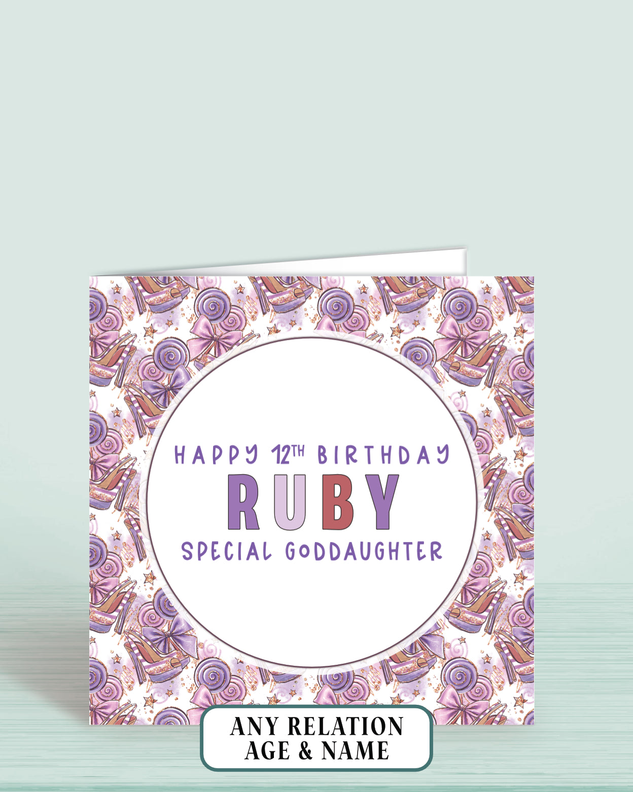 Goddaughter Birthday Card, 12th Birthday Card for Godchild, Custom Girls Personalised Birthday Card Purple Fashion Design, Any Age, Any Relation & Add a Name | Oliver Rose Designs