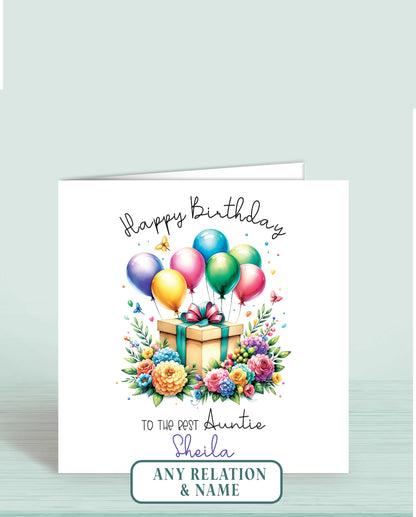 Auntie Birthday Card, Personalised Floral Multi-Coloured Balloon Birthday Card for Aunt (or any other Relation) To The Best Aunty| Oliver Rose Designs