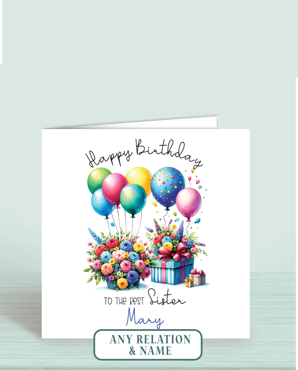 Sister Birthday Card, Personalised Floral Multi-Coloured Balloon Birthday Card for Sister (or any other Relation) To The Best Sister | Oliver Rose Designs