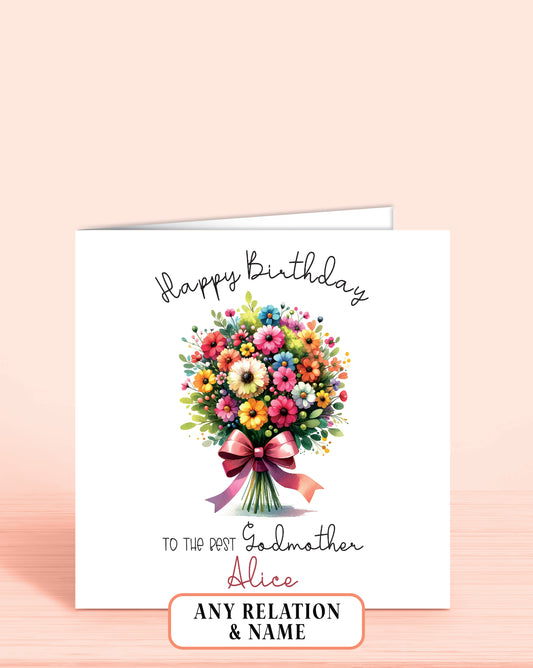 Godmother Birthday Card, Personalised Floral Multi-Coloured Balloon Birthday Card for Godmother (or any other Relation) To The Best Godmother | Oliver Rose Designs