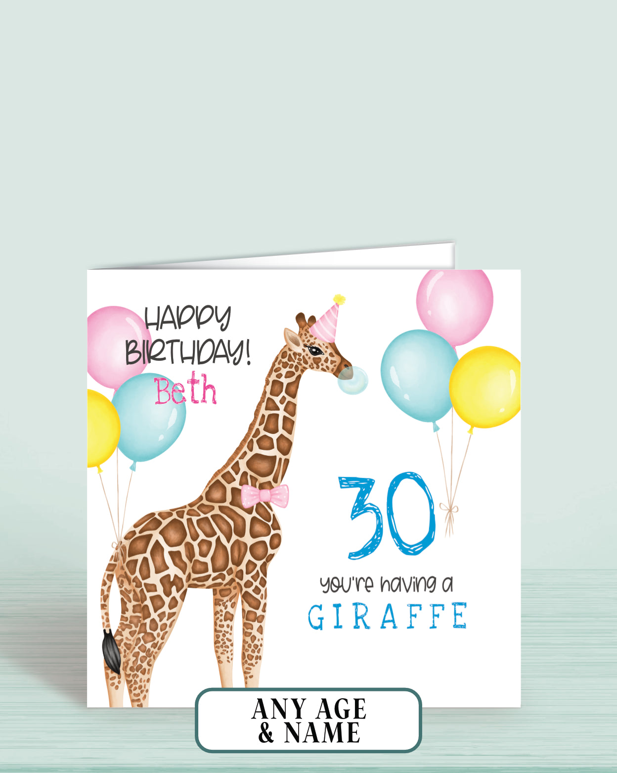 Funny Birthday Card, Any Age Birthday Card for Giraffe Lovers Personalised (You're Having A Giraffe) (5.75" Square) - Oliver Rose Designs