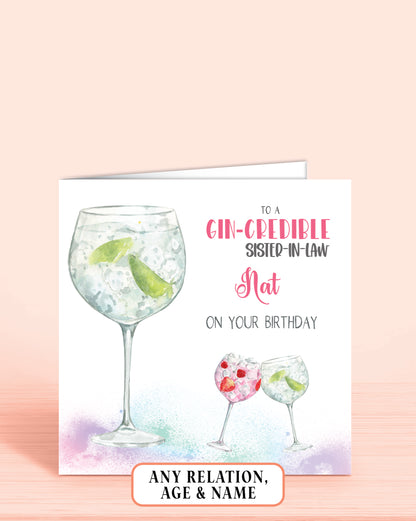 Sister-in-law Birthday Card, Personalised Birthday Card for Sister, Any Age, Any Relation, Green Gin Birthday Card | Oliver Rose Designs