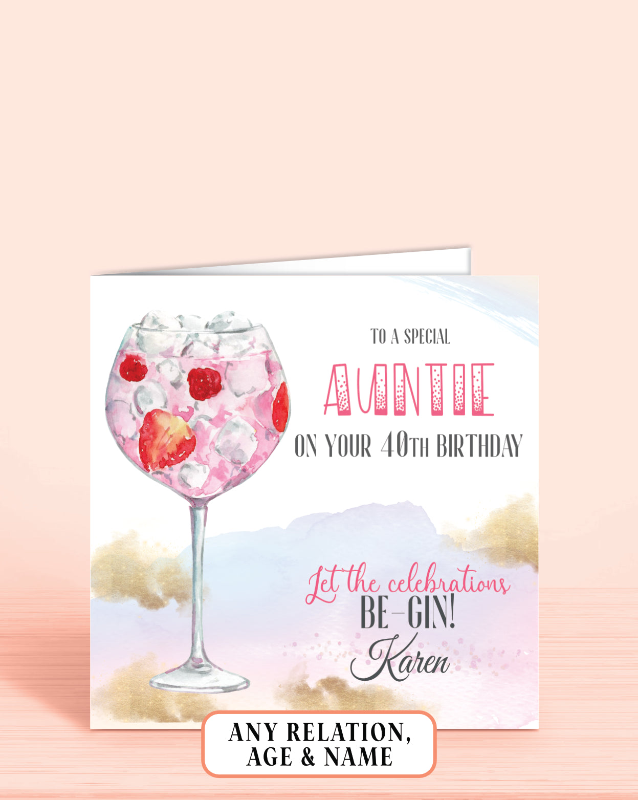 Auntie Birthday Card, 40th Birthday Card for Aunt, Personalised Pink Gin Birthday Card (5.75" Square) - Let the Celebrations Be-Gin -|Oliver Rose Designs