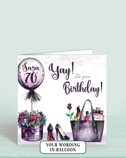 70th Birthday Card, Any Age, Relation & Name, Personalised Purple Floral Balloon "Yay it's your Birthday' Card (5.75" Square) - Oliver Rose Designs