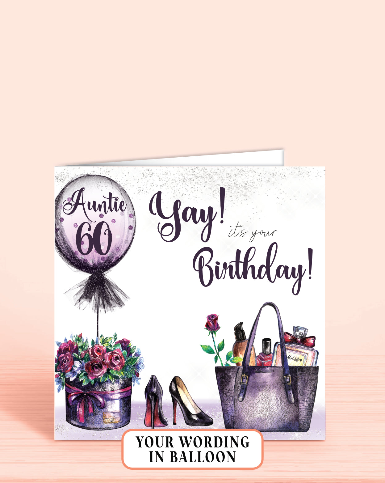 60th Birthday Card for Auntie, Any Age, Relation & Name, Personalised Purple Floral Balloon "Yay it's your Birthday' Card (5.75" Square) - Oliver Rose Designs