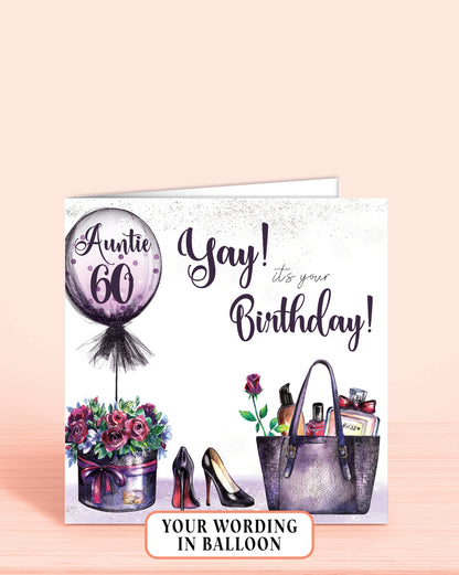 60th Birthday Card for Auntie, Any Age, Relation & Name, Personalised Purple Floral Balloon "Yay it's your Birthday' Card (5.75" Square) - Oliver Rose Designs