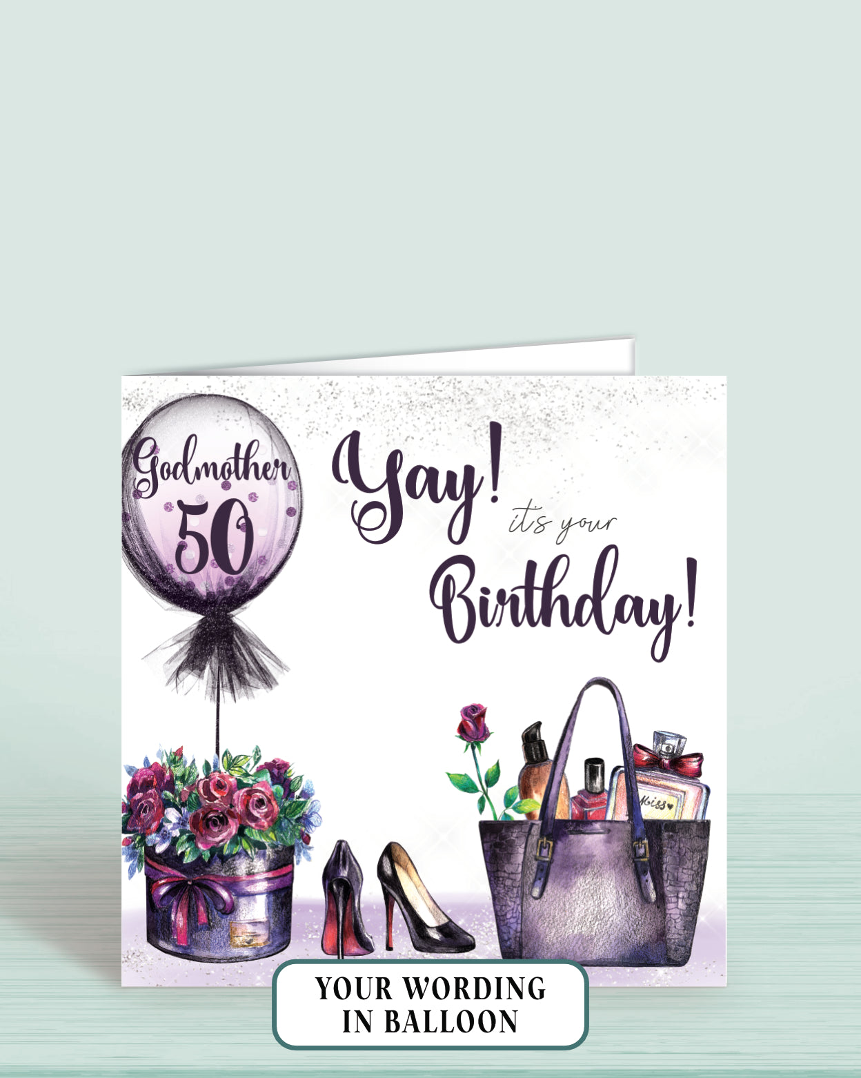 50th Birthday Card for Godmother, Any Age, Relation & Name, Personalised Purple Floral Balloon "Yay it's your Birthday' Card (5.75" Square) - Oliver Rose Designs