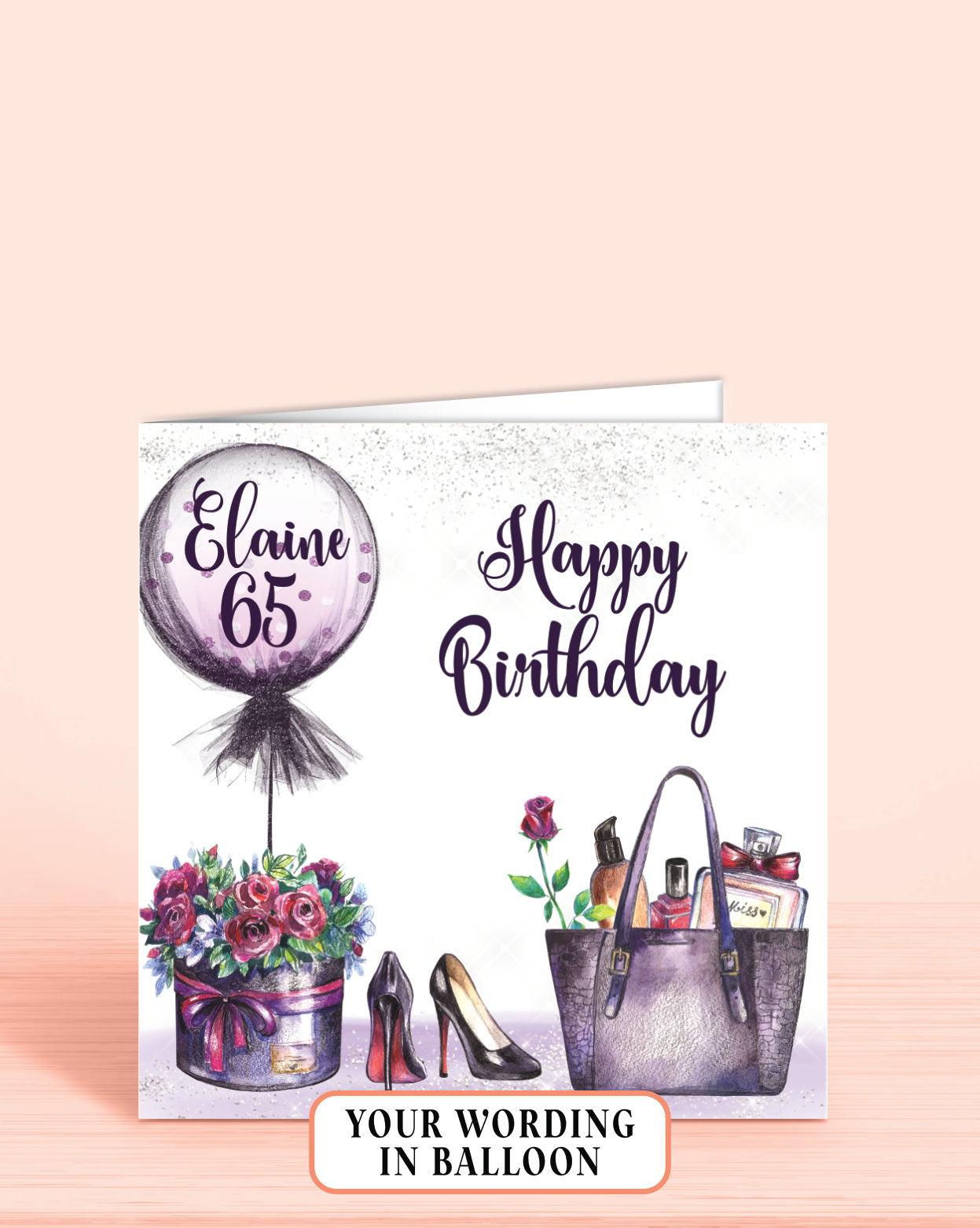 Personalised Birthday Card for Her, Personalised 65th Birthday Card, Purple Floral Balloon "Happy Birthday' Card (5.75" Square) - Oliver Rose Designs