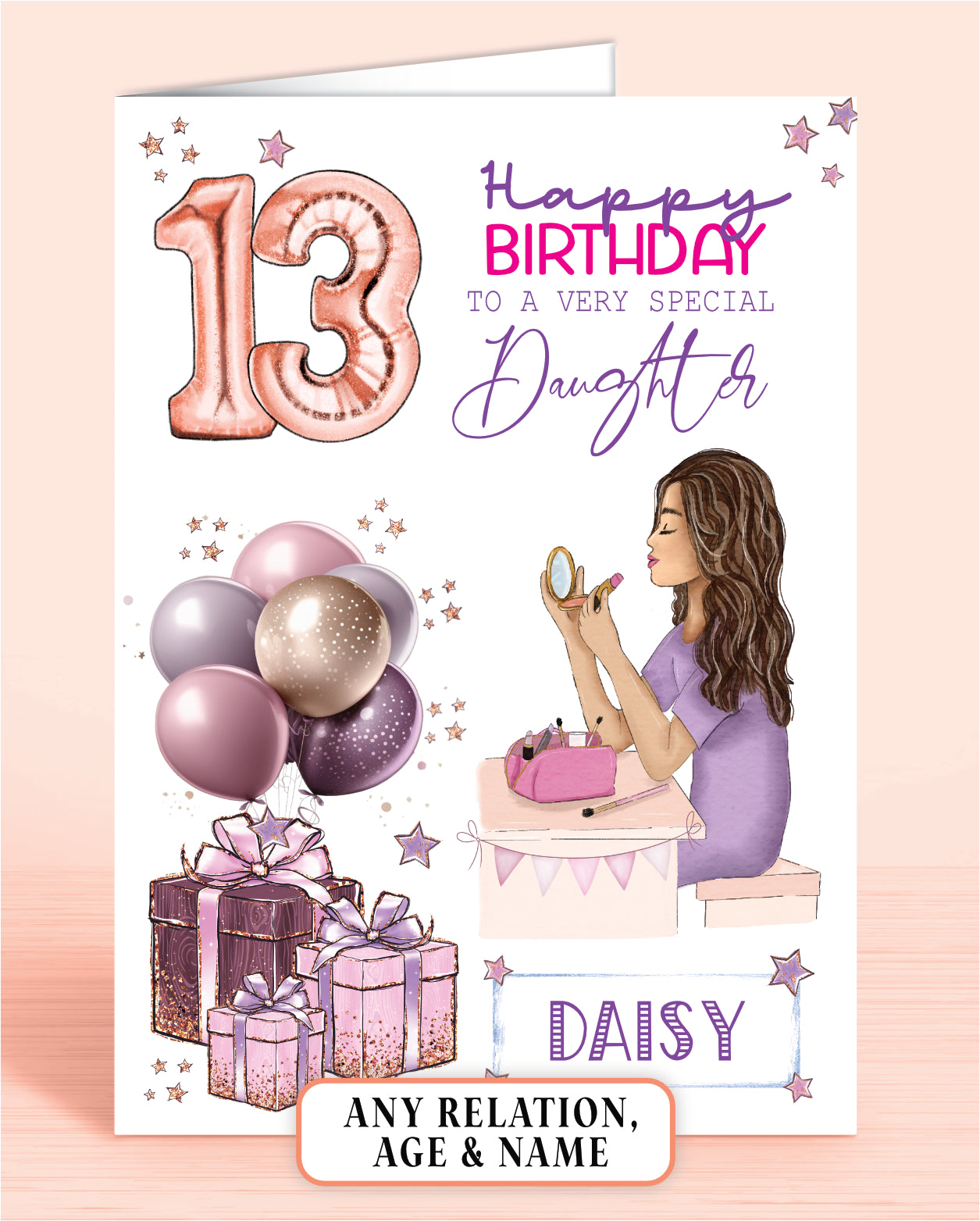 Personalised Daughter Birthday Card, 13th Birthday Card for Girls, Makeup Girl BROWN HAIR | Oliver Rose Designs