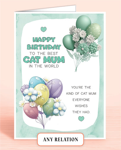 Cat Mum Birthday Card for Cat Mum or any other relation. Birthday Card for Women. Female Birthday Card. Floral Green, A5 8x6 inches | Oliver Rose Designs