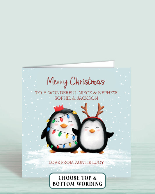 Penguin Personalised Custom Christmas Card, Add your own wording (Top & Bottom) Example Says, Top: Merry Christmas to a wonderful Niece & Nephew, Sophie & Jackson. Bottom: Love from Auntie Lucy. Two Penguins Pictured | Oliver Rose Designs