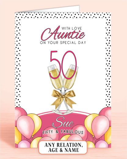 Auntie Birthday Card, Pink Polkadot Auntie 50th Birthday Card, Pink & Yellow Balloons, Bubbly & faux Gold Bow. With Love Auntie on your special day, personalised birthday card for her, Fifty & Fabulous | Oliver Rose Designs