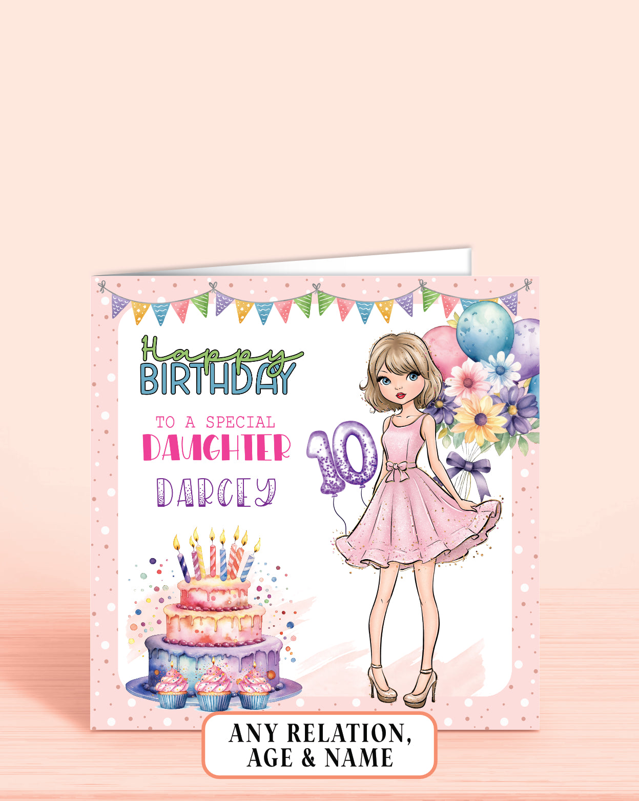 Daughter Birthday Card, 10th Birthday Card for Daughter, Custom Personalised Birthday Card for Girls, Pretty Pastel Design, Any Age, Any Relation | OLIVER ROSE DESIGNS