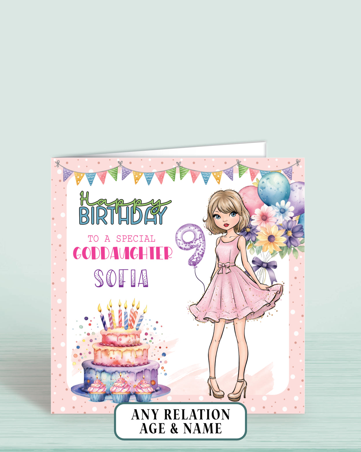 Goddaughter Birthday Card, 9th Birthday Card for Goddaughter, Custom Personalised Birthday Card for Girls, Pretty Pastel Design, Any Age, Any Relation | OLIVER ROSE DESIGNS