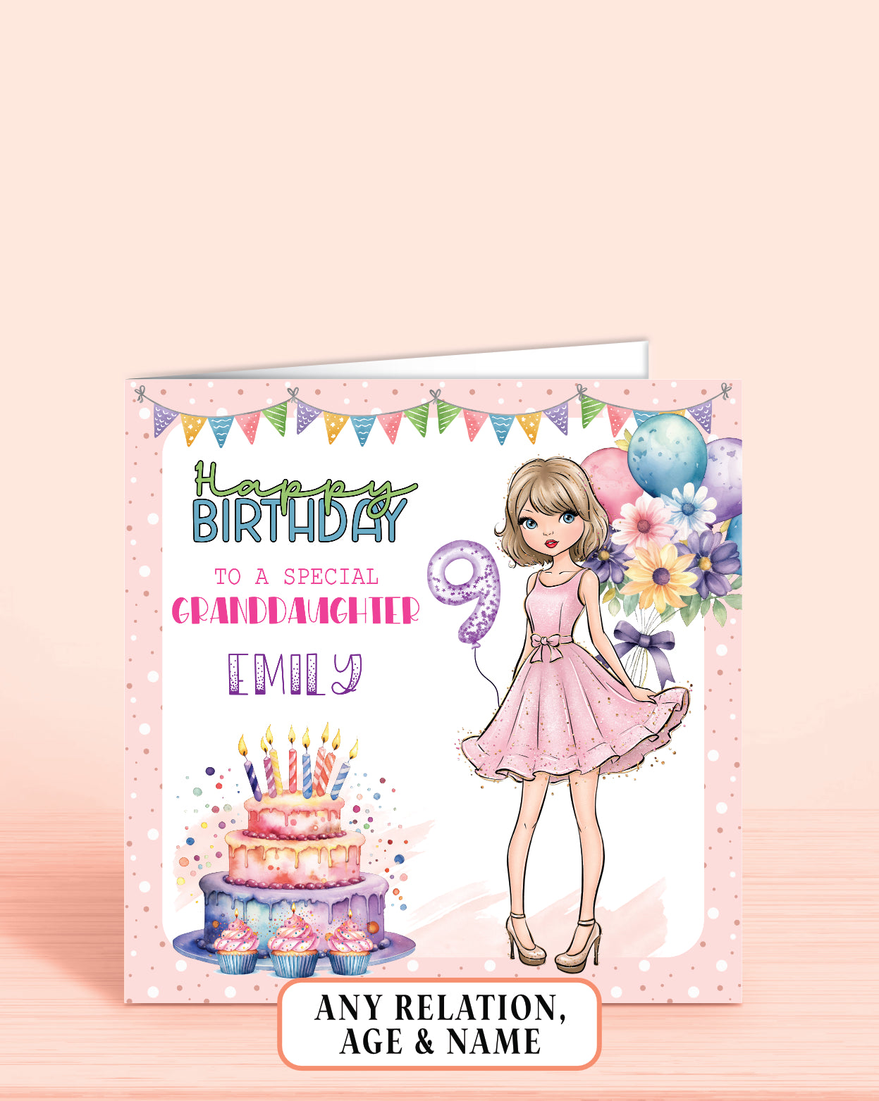 Granddaughter Birthday Card, 9th Birthday Card for Great-Granddaughter, Custom Personalised Birthday Card for Girls, Pretty Pastel Design, Any Age, Any Relation | OLIVER ROSE DESIGNS