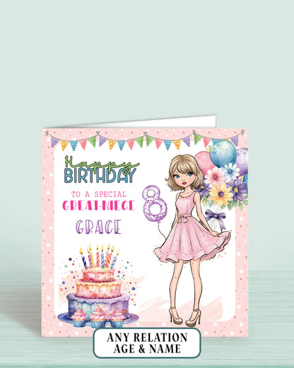 Great-Niece Birthday Card, 8th Birthday Card for Niece, Custom Personalised Birthday Card for Girls, Pretty Pastel Design, Any Age, Any Relation | OLIVER ROSE DESIGNS