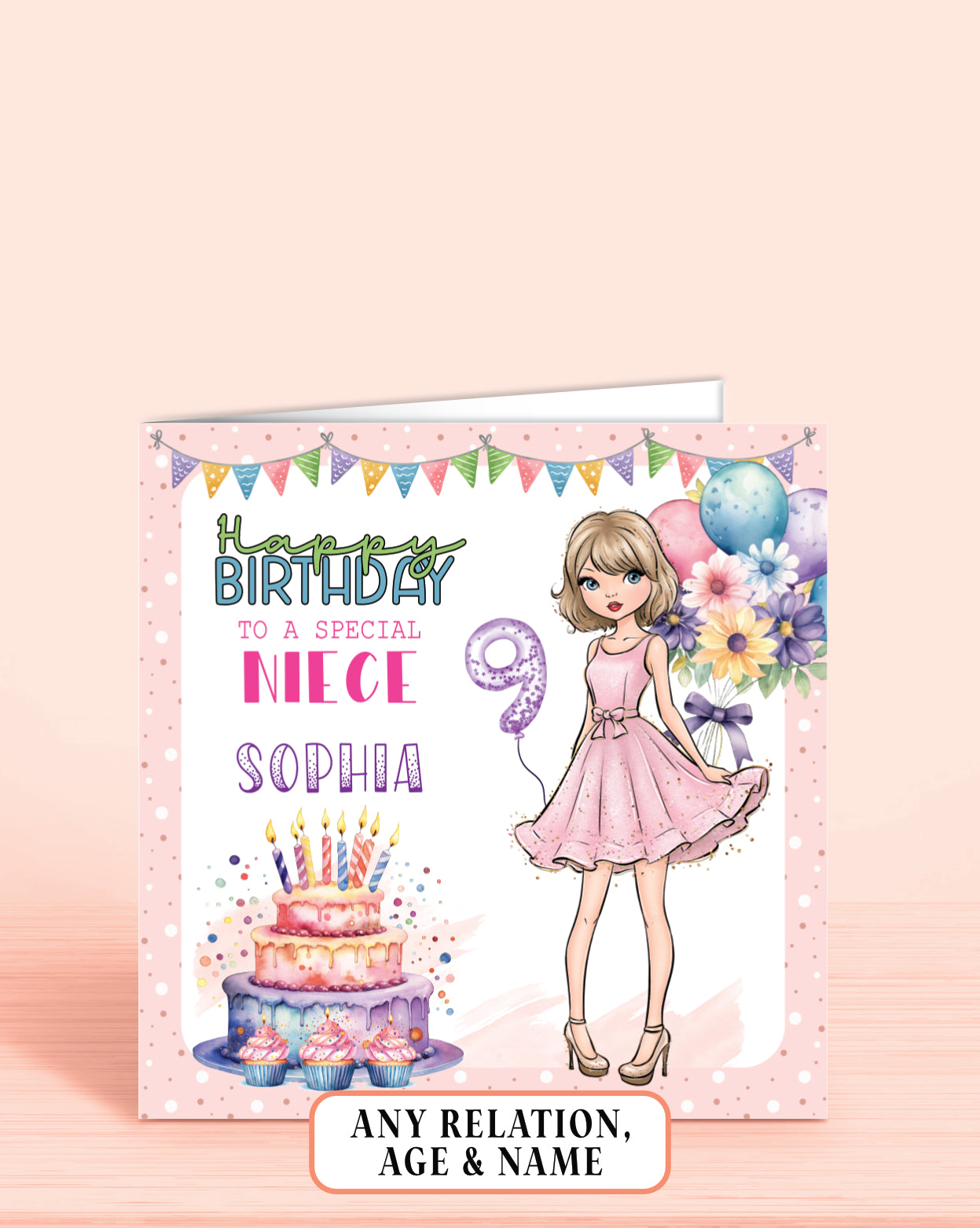 Niece Birthday Card, 9th Birthday Card for Great-Niece, Custom Personalised Birthday Card for Girls, Pretty Pastel Design, Any Age, Any Relation | OLIVER ROSE DESIGNS