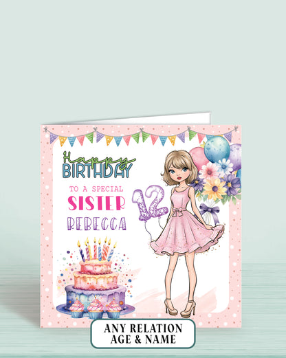 Sister Birthday Card, 12th Birthday Card for Big Sister, Custom Personalised Birthday Card for Girls, Pretty Pastel Design, Any Age, Any Relation | OLIVER ROSE DESIGNS