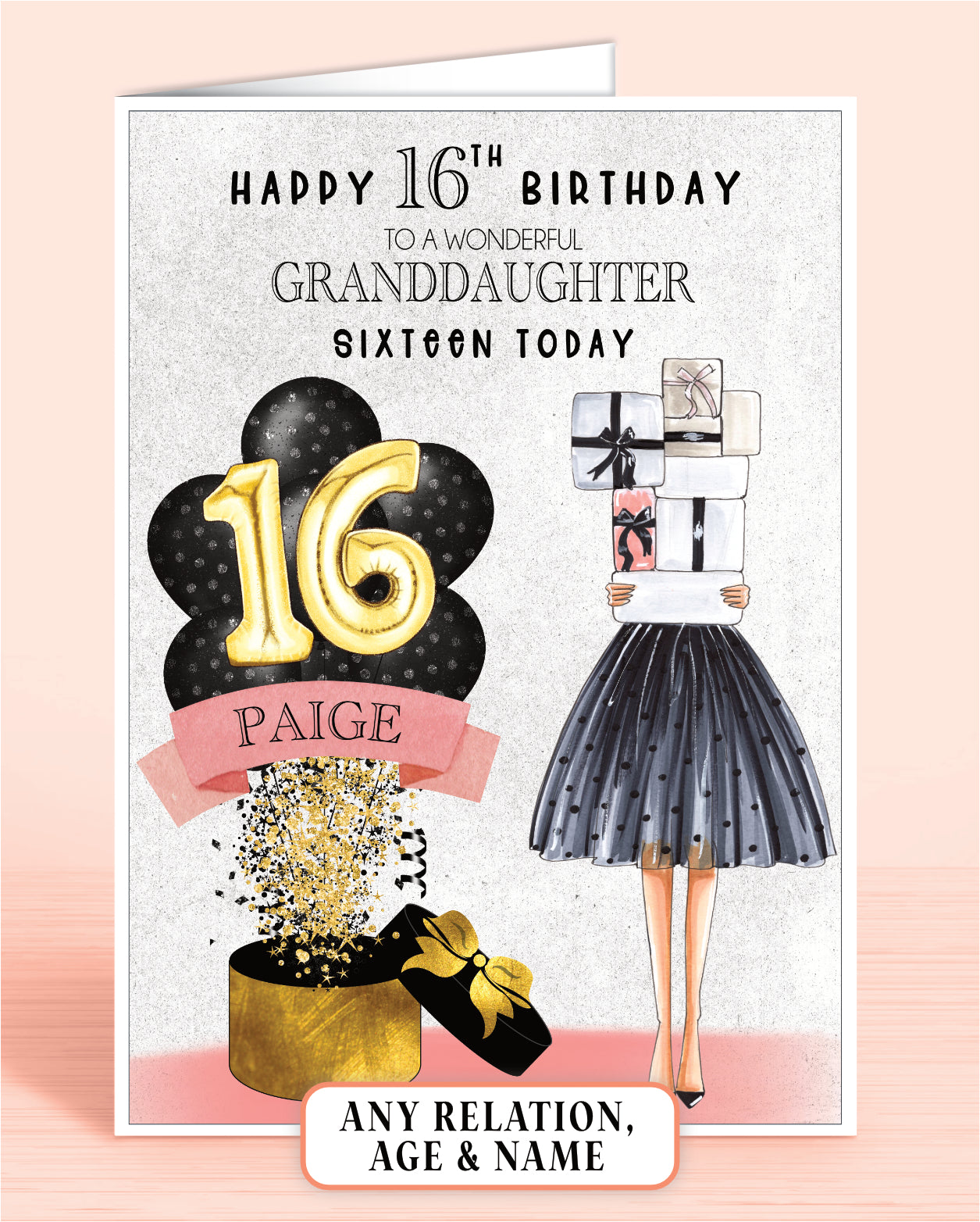 Granddaughter 16th Birthday Card, Personalised with Name of your choice, To A Wonderful Great-Granddaughter, Black & Pink Polka Dot Balloons | Oliver Rose Designs