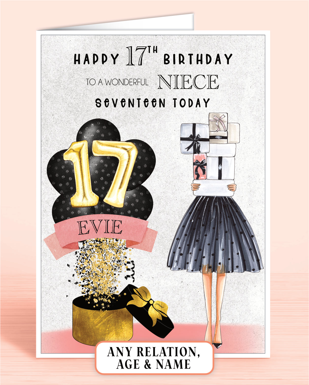 Niece 17th Birthday Card, Personalised with Name of your choice, To A Wonderful Great-Niece, Black & Pink Polka Dot Balloons | Oliver Rose Designs