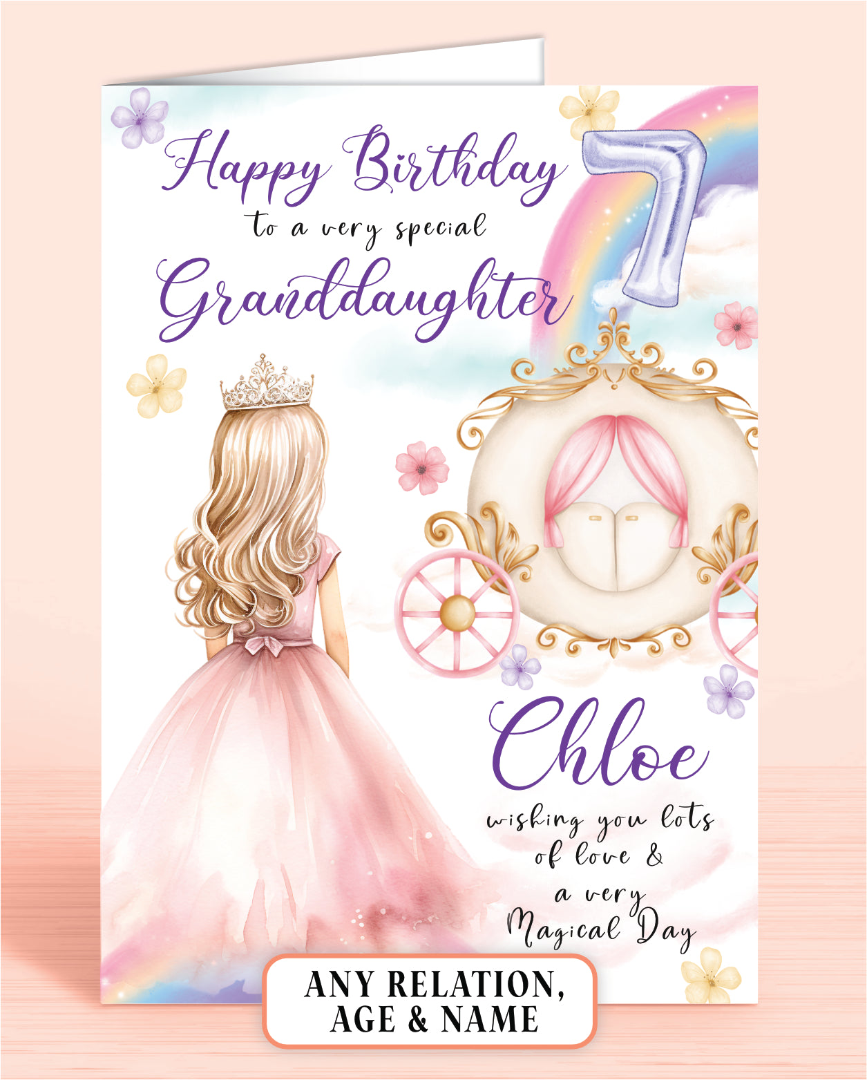 Granddaughter Birthday Card, Age 7th (or any Age, any Relation) Princess Carriage Theme with BLONDE HAIR | Oliver Rose Designs