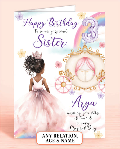 Personalised Sister 3rd Birthday Card, Niece 4th, 5th Birthday Card, Happy Birthday to a very special Cousin, [Name] wishing you lots of love & a very Magical Day [GIRL E] BLACK HAIR | Oliver Rose Designs