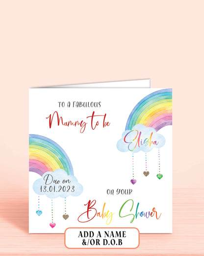 Baby Shower Card, Mummy to be, Personalised Baby Shower Card, with Due Date. Rainbow Design | Oliver Rose Designs