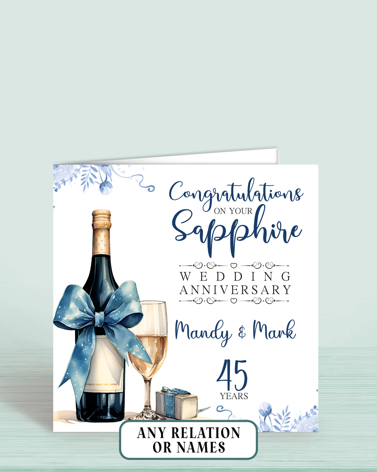 Personalised with Names 45th Sapphire Anniversary Card, Congratulations On your Sapphire Wedding Anniversary, 45 years