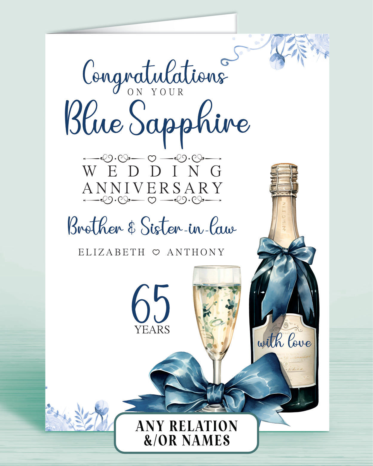 Brother & Sister-in-law Blue Sapphire 65th Anniversary Card, Congratulations on your Blue Sapphire Wedding Anniversary, 65 Years | Oliver Rose Designs