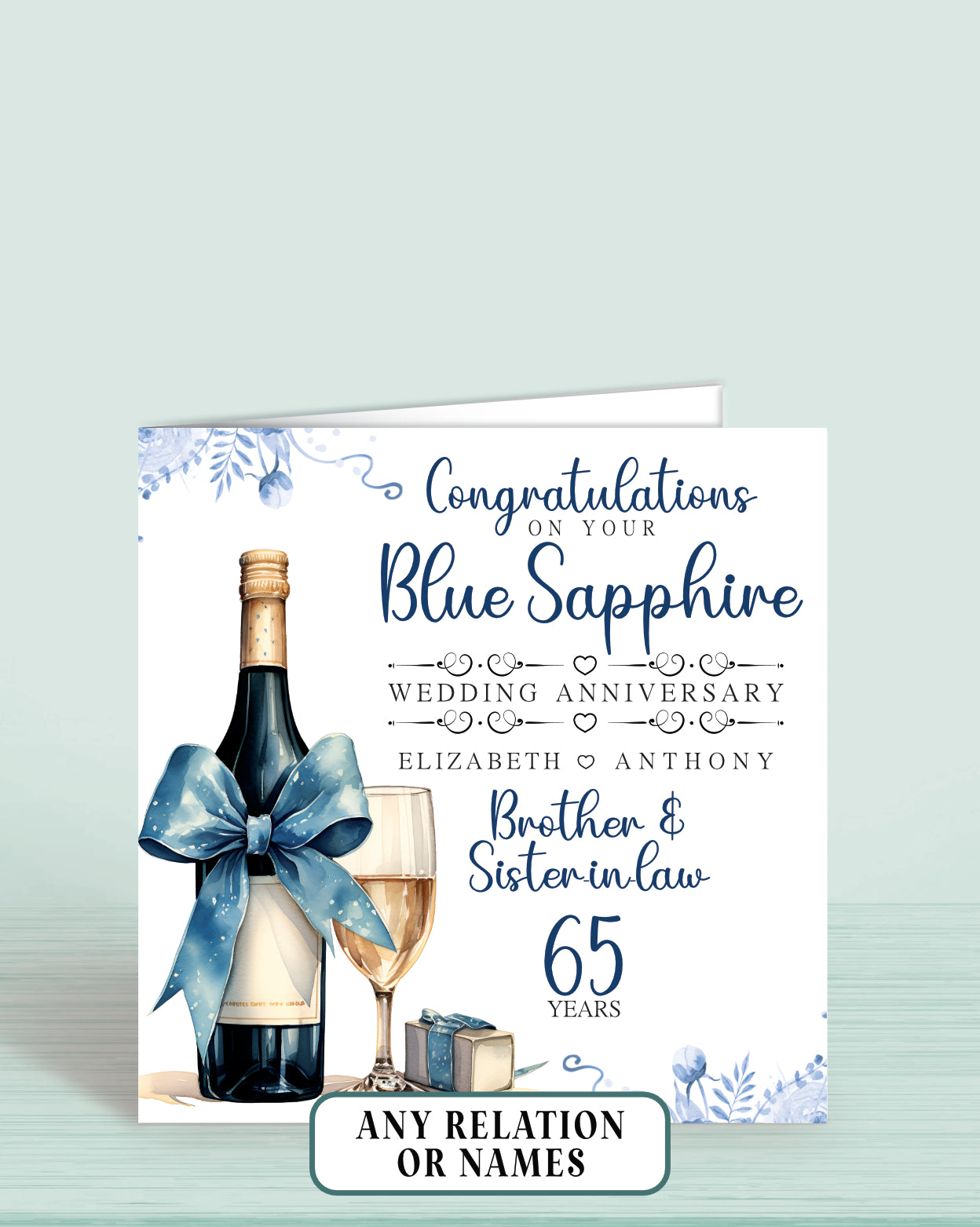 Brother & Sister-in-law (with names) 65th Blue Sapphire Anniversary Card, Congratulations On your Blue Sapphire Wedding Anniversary, 65 years