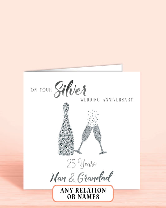 Silver Anniversary Card, 25th Anniversary Card, Nan & Grandad, 25 years wedding, on your silver anniversary | Oliver Rose Designs