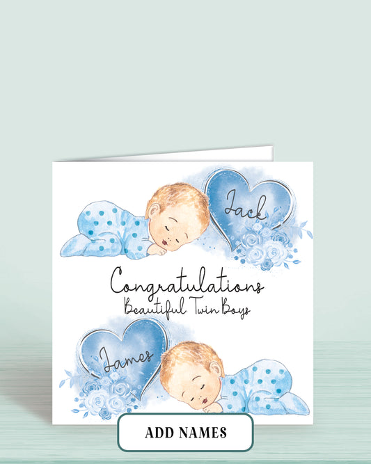 Newborn Baby Twin Boys Congratulations Card (5.75" Square - Blue & Blue) Personalised with Names, Blonde Hair Congratulations Beautiful Twin Boys | Oliver Rose Designs