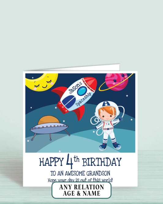 Grandson 4th Birthday Card, for Boys, Red Hair, Space Astronaut Personalised Card, Any Age, Any Relationship BOY E