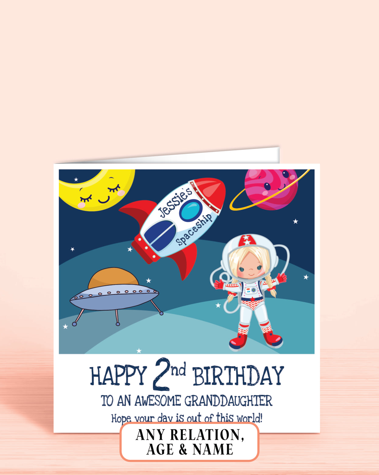 Granddaughter 2nd Birthday Card, for Girls, Blonde Hair, Space Astronaut Personalised Card, Any Age, Any Relationship GIRL I