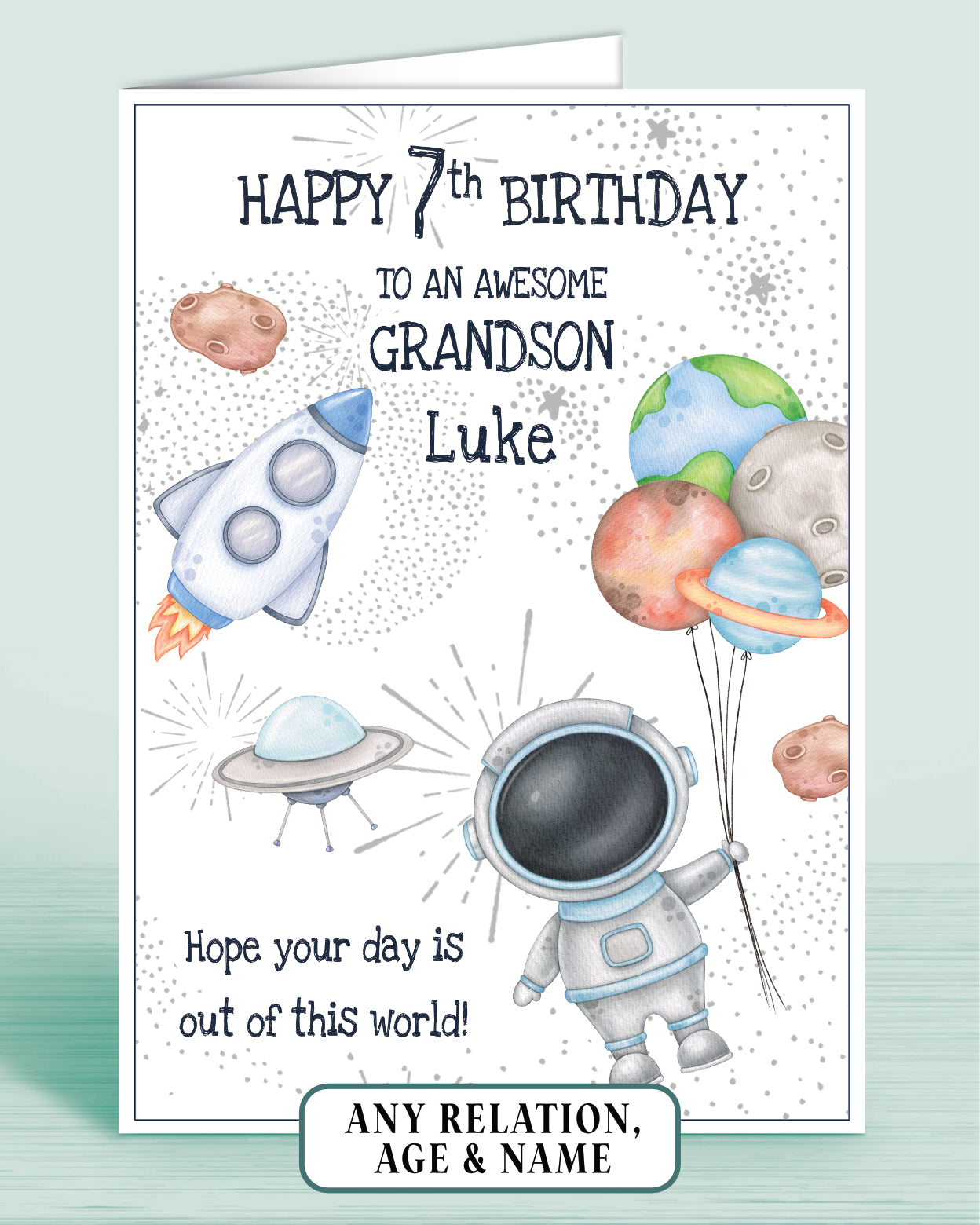 Grandson Birthday Card, Personalised 7th Birthday Card for Boys or Girls, A5 Space Theme Astronaut Rocket, Spaceship, Planets, Asteroid, Spaceman | Oliver Rose Designs