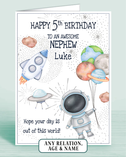 Nephew Birthday Card, Personalised 5th Birthday Card for Boys or Girls, A5 Space Theme Astronaut Rocket, Spaceship, Planets, Asteroid, Spaceman | Oliver Rose Designs