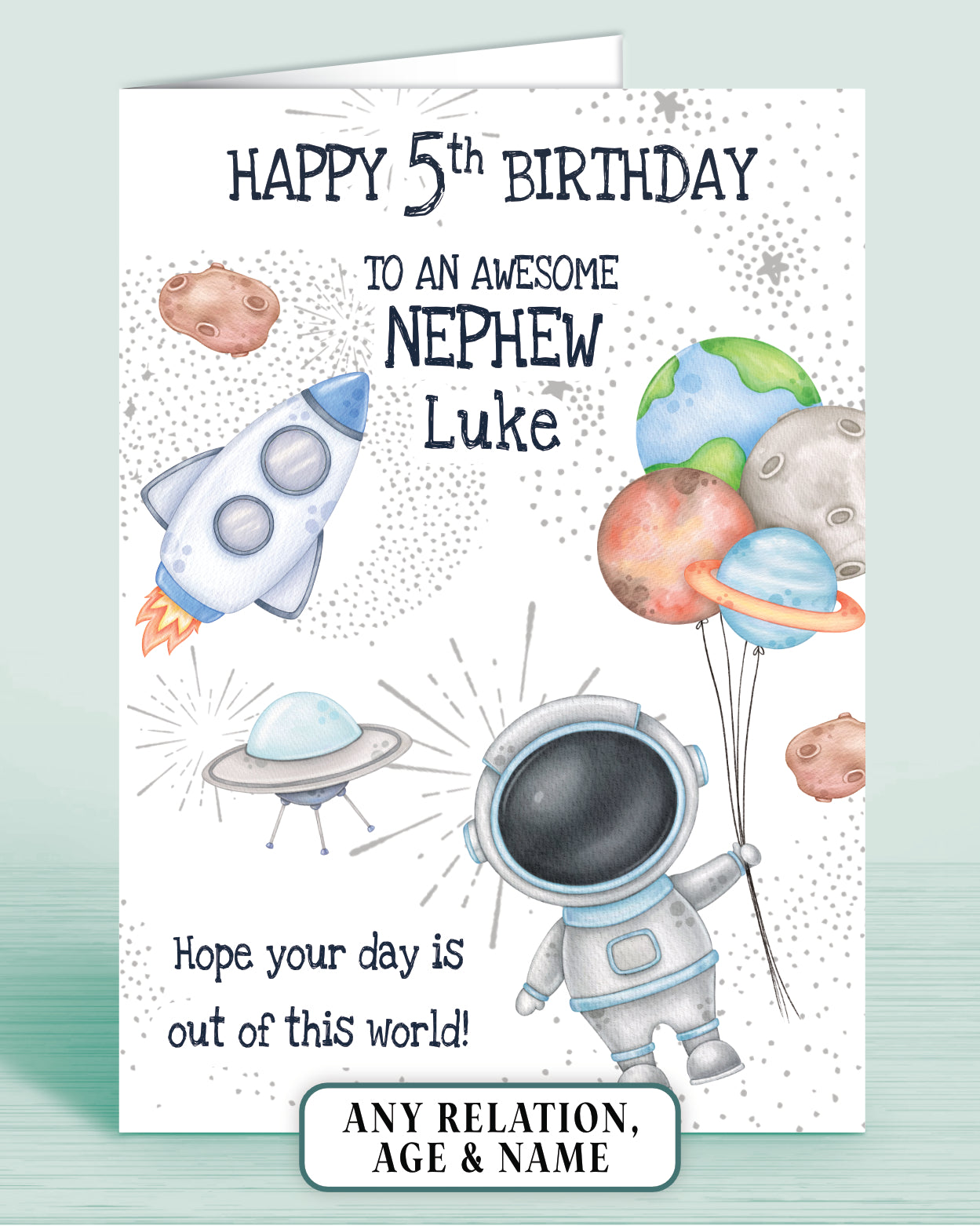 Nephew Birthday Card, Personalised Space Theme Astronaut A5, Age 5th (or any age) | Oliver Rose Designs