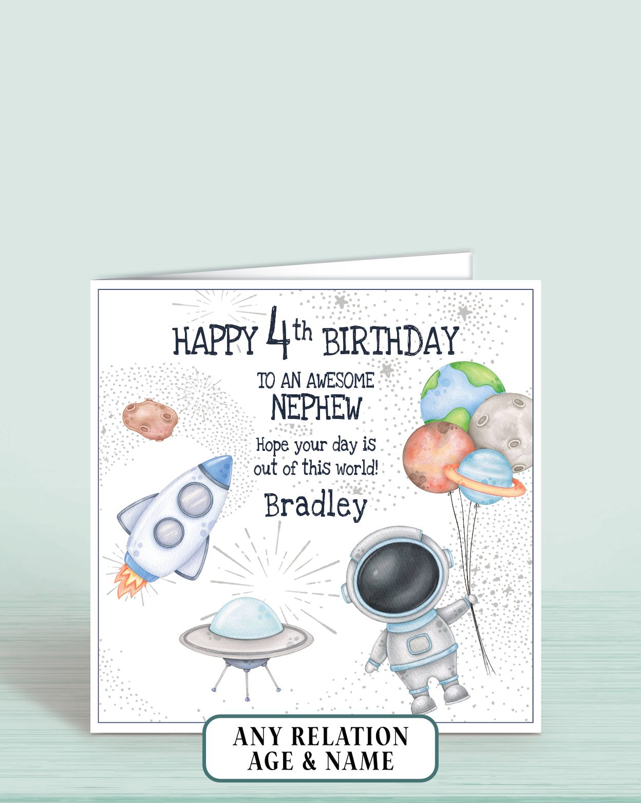 Nephew Birthday Card, Personalised 4th Birthday Card for Boys or Girls, Space Theme Astronaut Rocket, Spaceship, Planets, Asteroid, Spaceman | Oliver Rose Designs