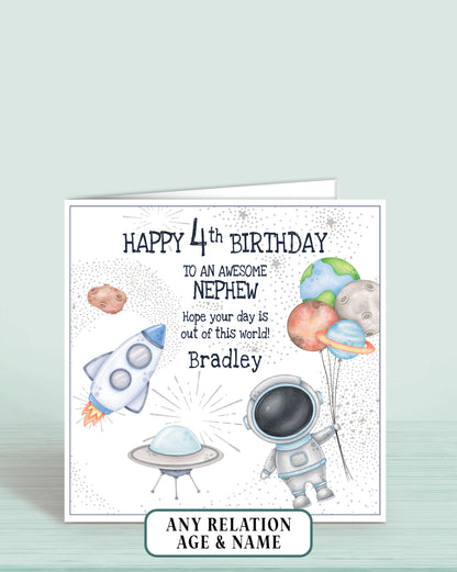 Nephew Birthday Card, Personalised 4th Birthday Card for Boys or Girls, Space Theme Astronaut Rocket, Spaceship, Planets, Asteroid, Spaceman | Oliver Rose Designs