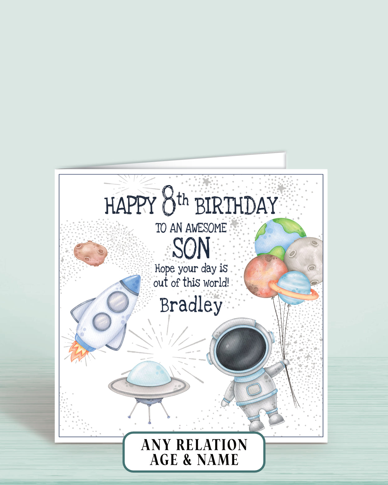 Son Birthday Card, Personalised 8th Birthday Card for Boys or Girls, Space Theme Astronaut Rocket, Spaceship, Planets, Asteroid, Spaceman | Oliver Rose Designs