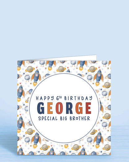 Big Brother Birthday Card, Personalised 6th Birthday Card for Little Brother, Space Rocket Personalised Birthday Card for Boys or Girls, Any Age, Any Relation, Add a Name | Oliver Rose Designs